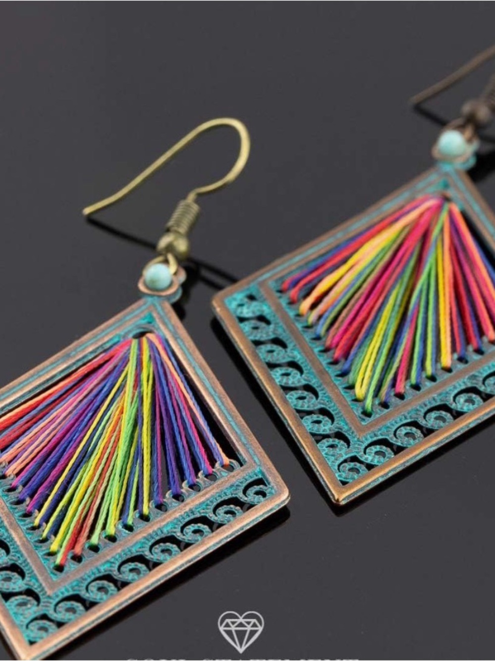 Turquoise Diamond Tassel Thread Earrings - Multicolor - Picture 4 of 6